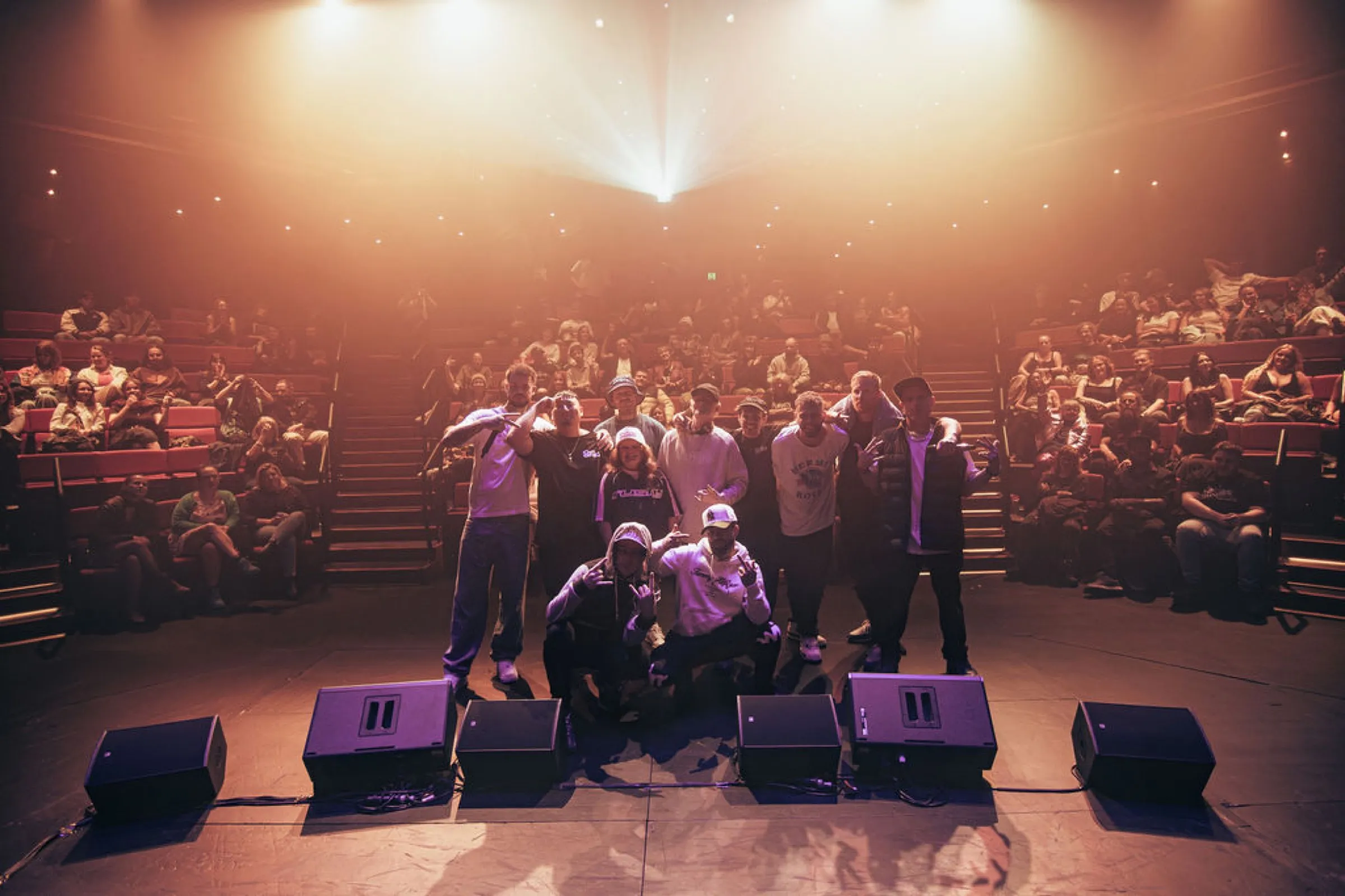 Artists and crew on stage at the OFF GRID Hobart premiere, Theatre Royal